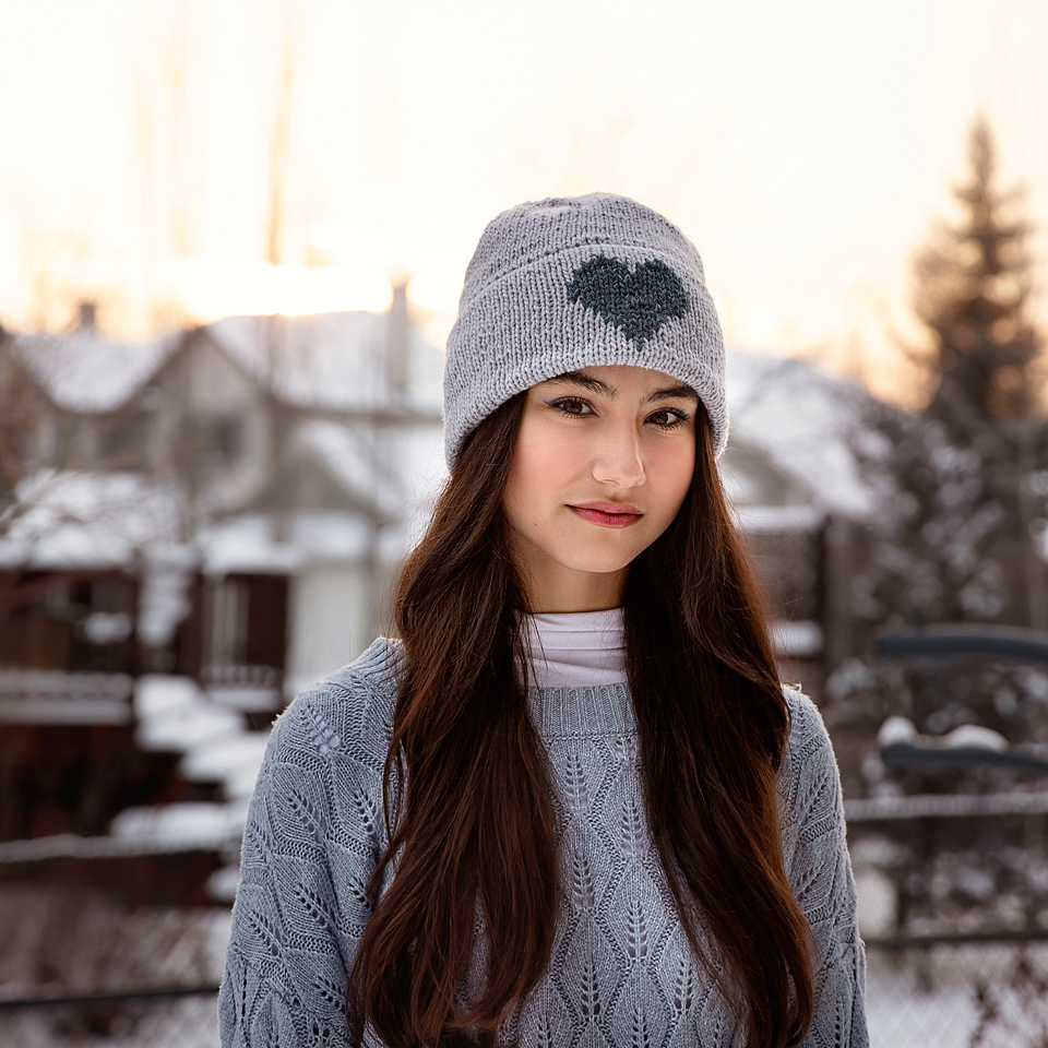 Simple Double Brim Beanie Knitting Pattern on girl outside